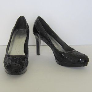 Tahari Cheryl Sequined Black Patent Pump Sz 8